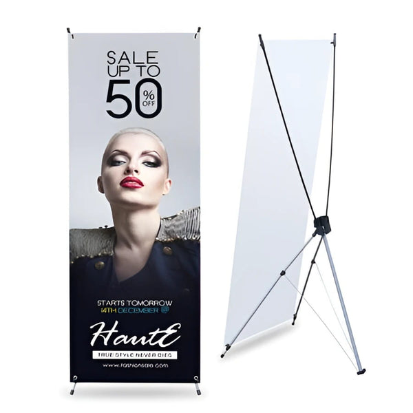 Haute brand sale banner: model in bold makeup, dark clothes on silver background, 50% off