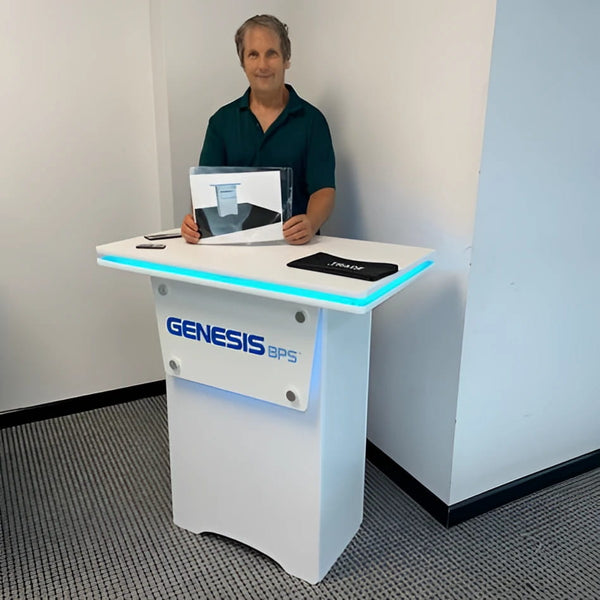 White Genesis BPS podium with blue LED edge lighting on Halo RGB LED Counter Top