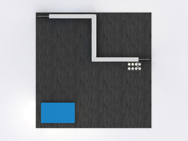 Black textured wall with white L-shaped trim and blue panel in 10x10 VHE-Modular Inline Exhibit Kit 19a