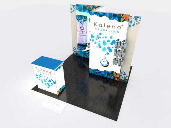 Blue and white geometric Kalena sparkling beverage display stand in 10x10 VHE-Modular Inline Exhibit Kit 19a