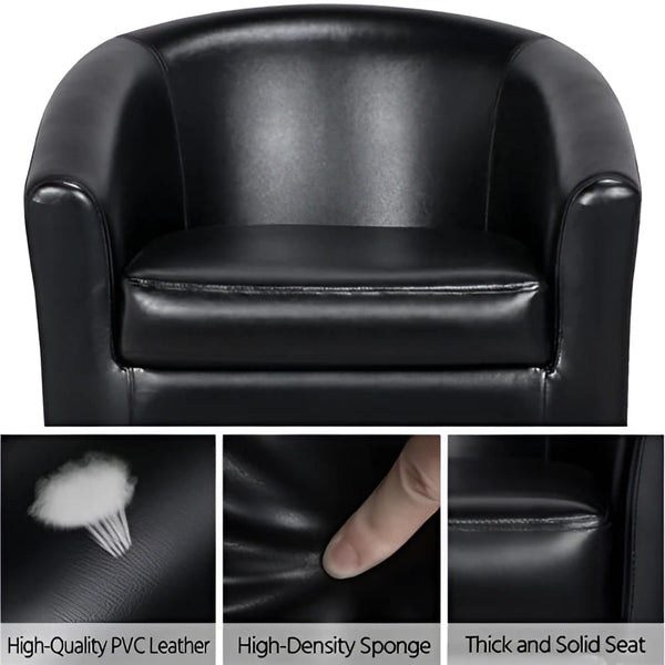 Modern black leather barrel club chair with thick solid seat
