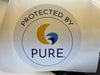 Circular white Protected by Pure sticker with yellow blue logo on mounted poster