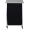 Silver framed black cabinet on wheels.