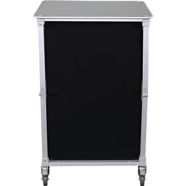Silver framed black cabinet on wheels.