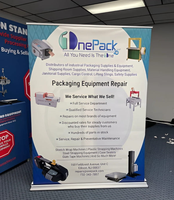 Blue and white retractable banner for Onepack packaging equipment repair services