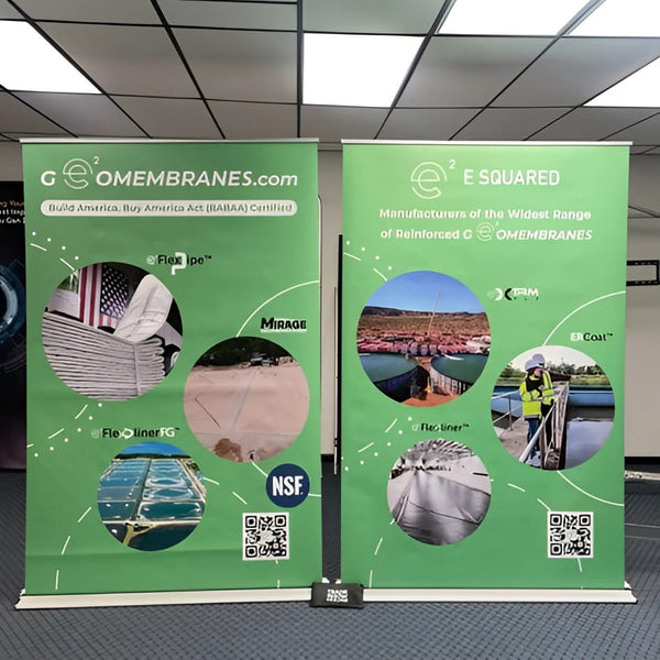 Premium 60 Inch Retractable Banner Stand with green design, circular reinforced geomembrane images, and company logos
