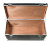 Aluminum road shipping case with wheels, wooden interior, silver latches, 48x22 inches