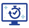 Blue stopwatch icon with checkmark and arrow on monitor in Rush Production