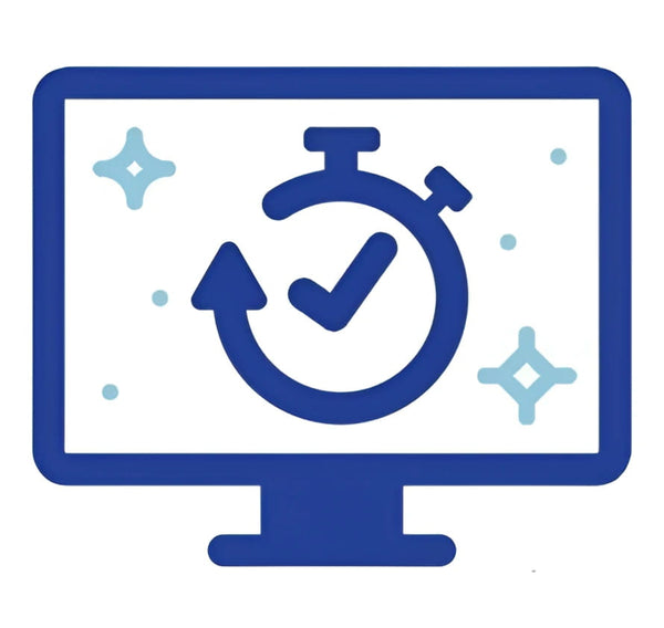 Blue stopwatch icon with checkmark and arrow on monitor in Rush Production