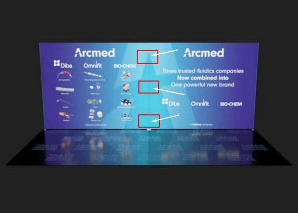 Blue digital screen with brand logos and merger info on lightbox wing nut fastener