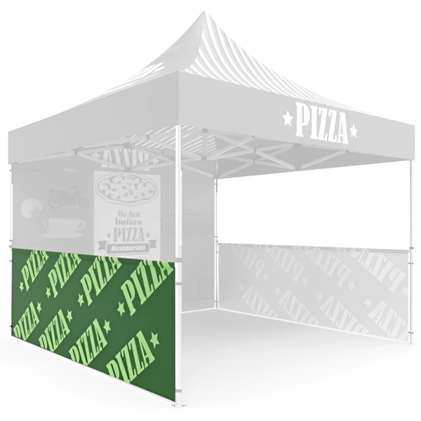 Gray and green 10ft pop-up pizza tent with striped canopy and branded sidewalls