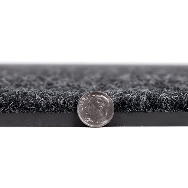 Dark gray textured carpet mat with rubber backing for trade show flooring