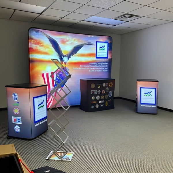 Square Backlit Inflatable Counter with Eagle and Flag Backdrop