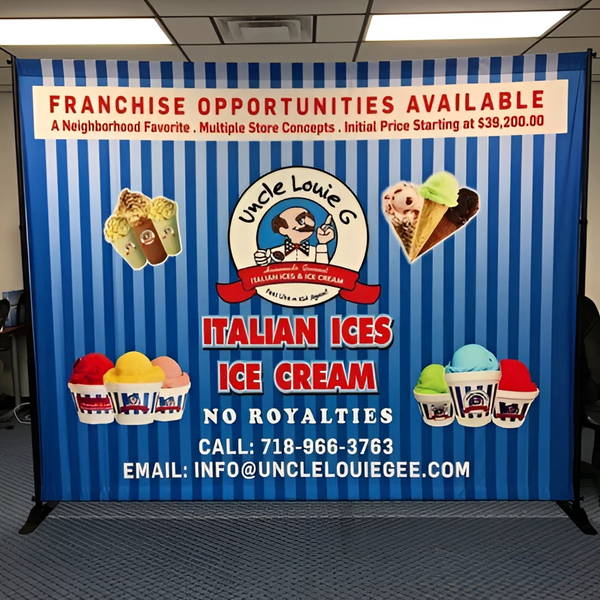 Blue and white striped Uncle Louie G Italian ices banner advertising franchises