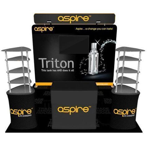 Black and silver Aspire Triton vape tank on Straight Tension Fabric Display Header