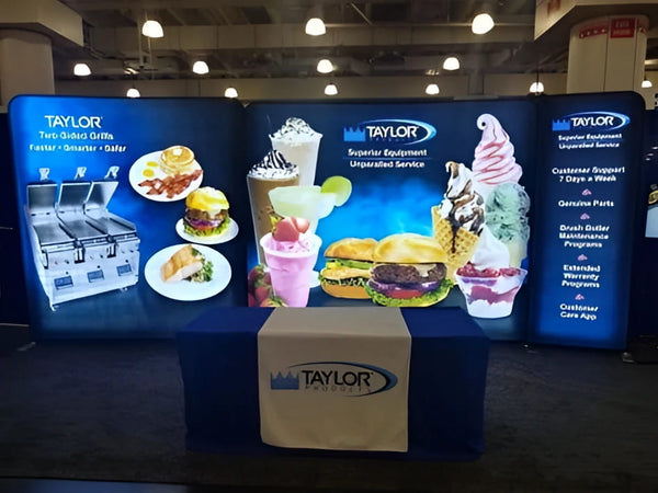 Blue Taylor brand table runner with food and equipment banner imagery