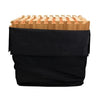 Wooden massage tool with black fabric cover in nylon carry bag