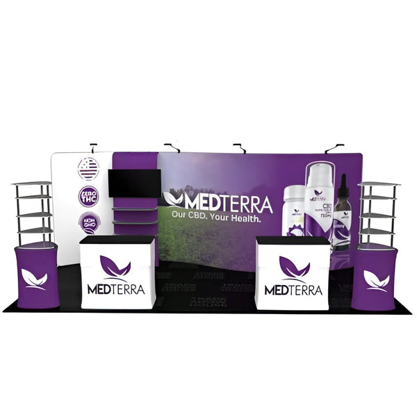 Purple and white Medterra Triangle Shelving Display Stand with banners