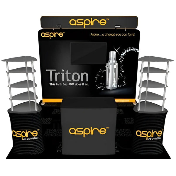Silver Triton vape tank on black Aspire trade show display in Triangle Shelving Stand