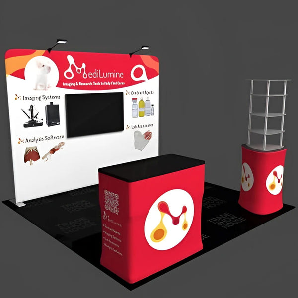 Red pop-up trade show booth with white logo and circular VESA mount design