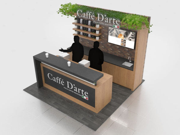 Wooden and black countertop coffee kiosk with caffe d’arte branding in 10x10 VHE-Modular Inline Exhibit Kit 15a