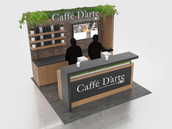 Modern wooden and gray countertop coffee kiosk with greenery accents in 10x10 VHE-Modular Inline Exhibit Kit 15a