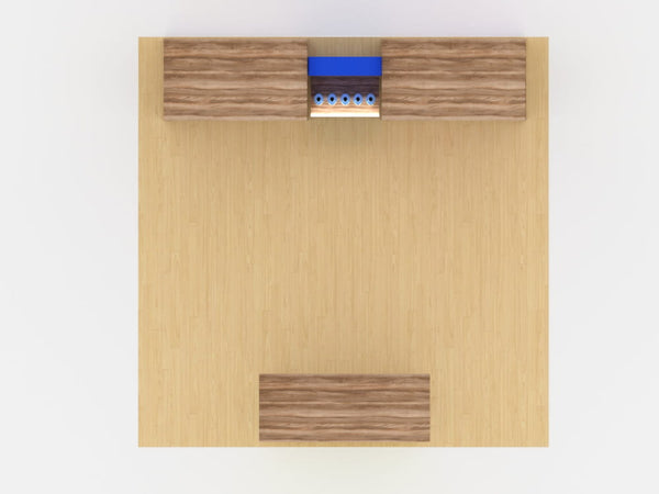 Light wood desk with blue silver VHE device in 10x10 modular exhibit kit