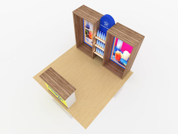 10x10 VHE-Modular Inline Exhibit Kit 16a with wooden booth, shelves, counter, blue branding