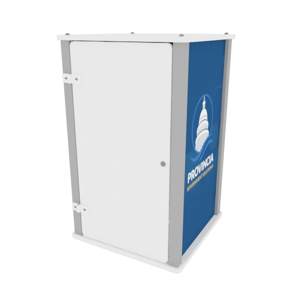 Our XLC2 White Locking Storage Counter is made of durable aluminum extrusions and rigid, plastic sintra panels.